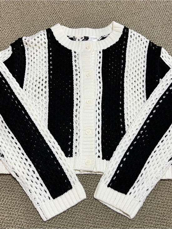 Divided Sweaters - Divided Black and White Striped Open-Knit Women’s Button Cardigan-small
